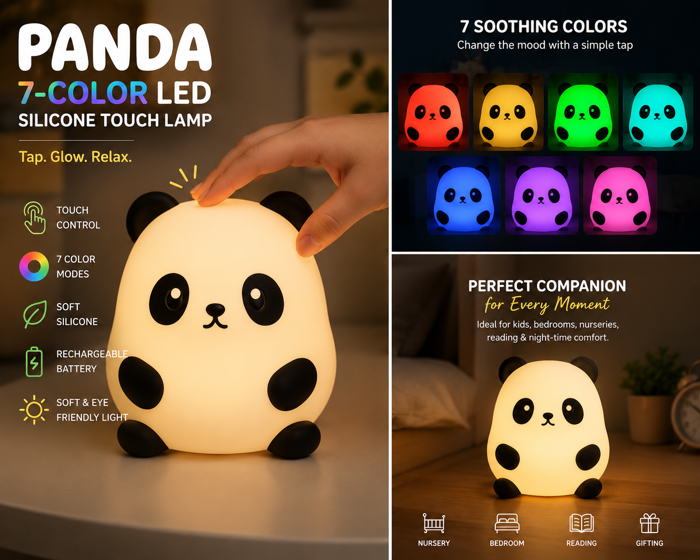 Panda 7-Color LED Silicone Touch Lamp (1 Pc)