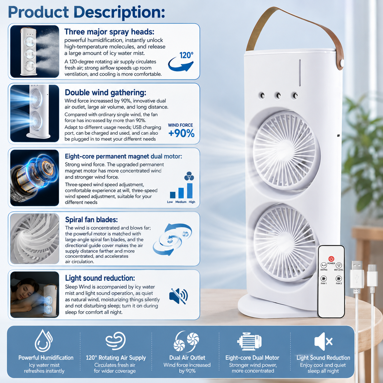 Electric Fan Desktop Double-Head Powerful Air (1 Pc / With Remote / Plug and Play)