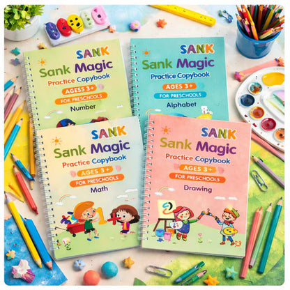 Sank Magic Practice Copybook Reusable handwriting Learning Set For kids (4 BOOKS, 1 PEN, 1 GRIP, 10 REFILL)