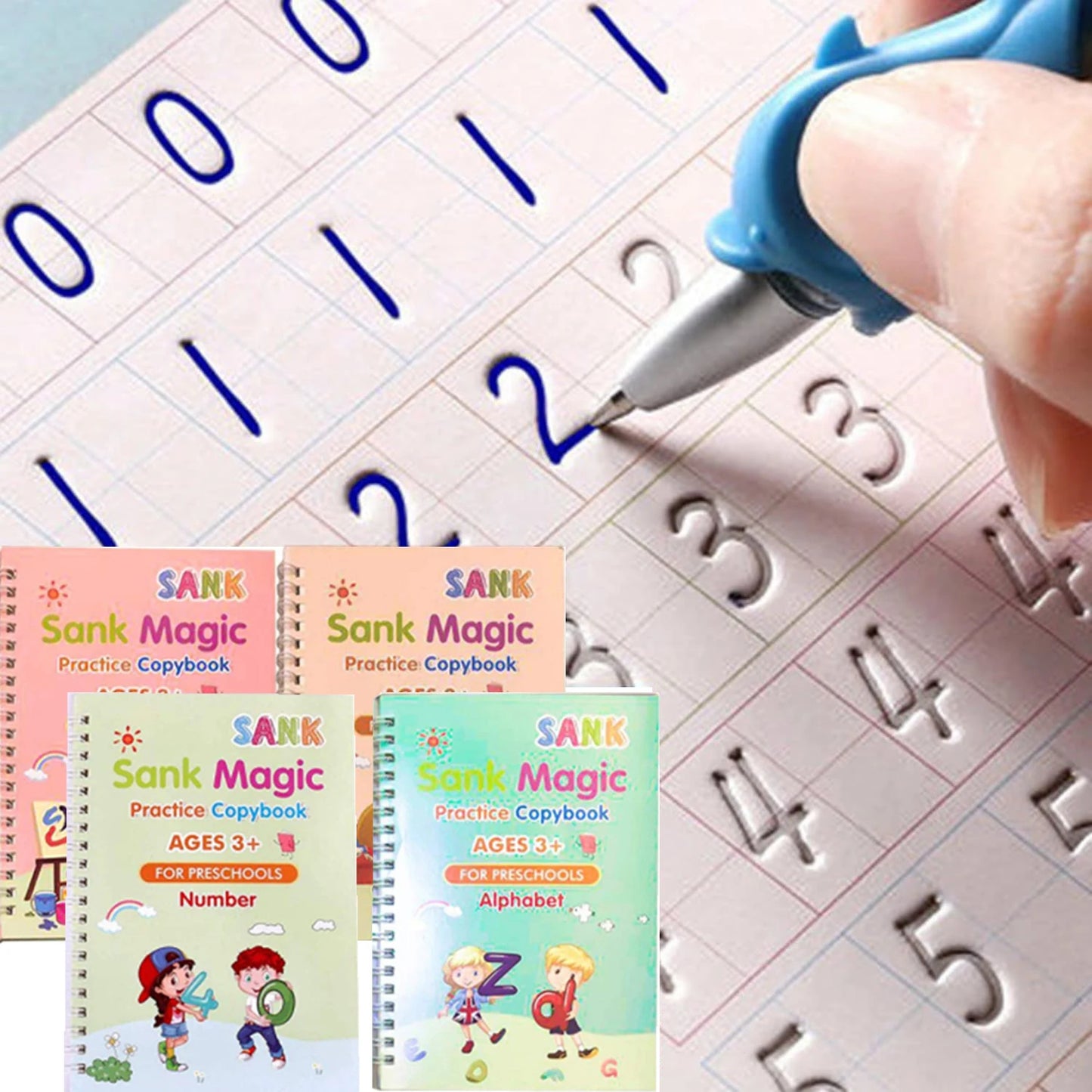 Sank Magic Practice Copybook Reusable handwriting Learning Set For kids (4 BOOKS, 1 PEN, 1 GRIP, 10 REFILL)