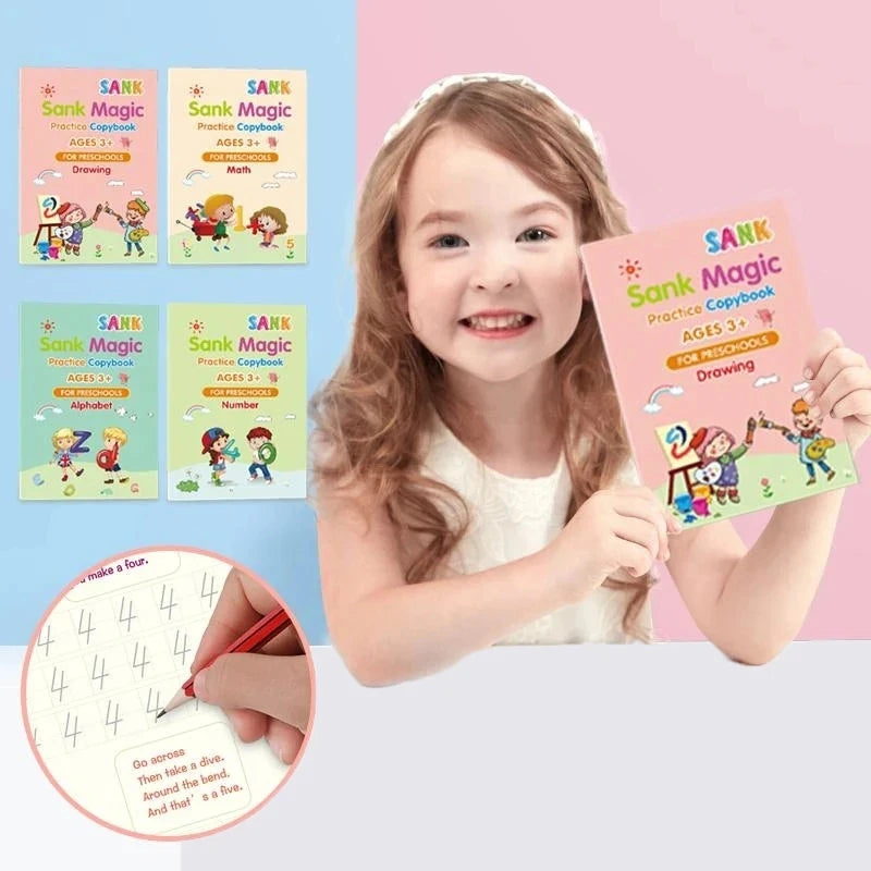 Sank Magic Practice Copybook – Reusable Handwriting Learning Set for Kids (4 Books + Magic Pen + 10 Refills)