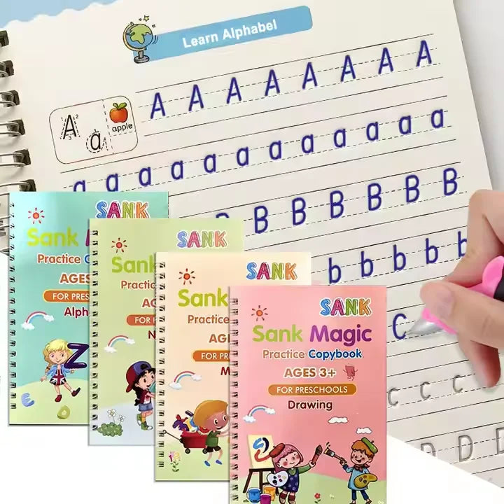 Sank Magic Practice Copybook – Reusable Handwriting Learning Set for Kids (4 Books + Magic Pen + 10 Refills)