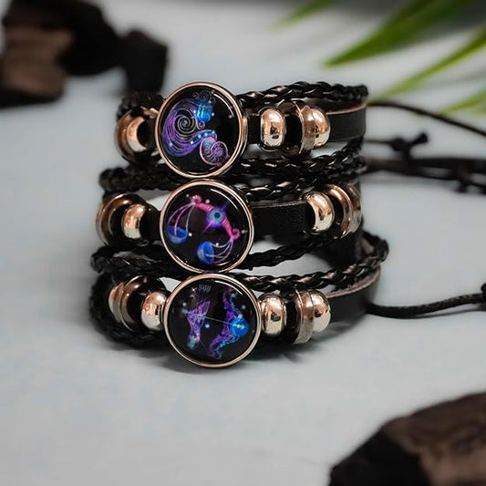 🕉🔯 Zodiac Constellation Guardian Black Leather Bracelet Adjustable 🔯 🕉