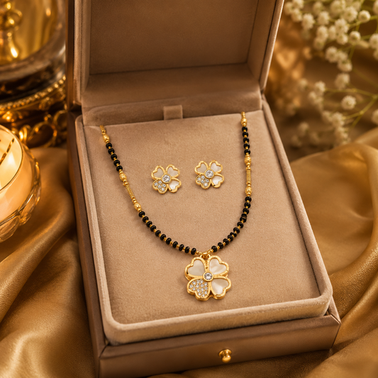 Gold Plated AD Floral Mangalsutra and Earring Set for women