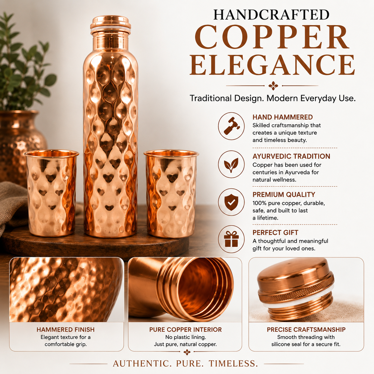 Diamond Cut Copper Water Bottle with 2 Glasses Gift Set | Pure Copper | Vaidik Choice