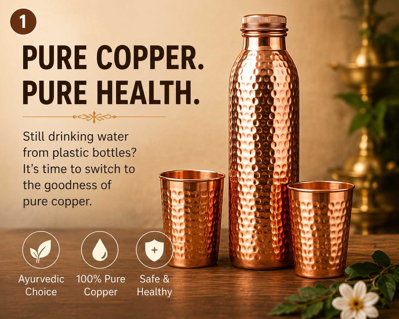 Diamond Cut Copper Water Bottle with 2 Glasses Gift Set | Pure Copper | Vaidik Choice