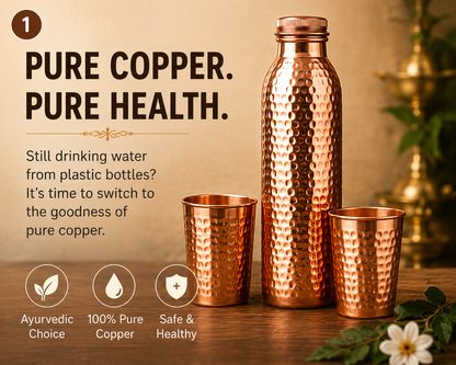 Diamond Cut Copper Water Bottle with 2 Glasses Gift Set | Pure Copper | Vaidik Choice