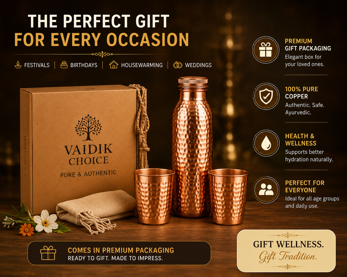 Diamond Cut Copper Water Bottle with 2 Glasses Gift Set | Pure Copper | Vaidik Choice