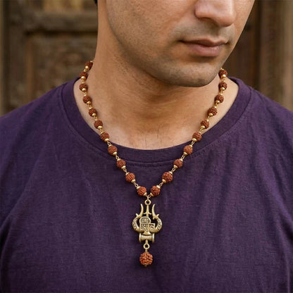 🔱 Rudraksha Bead Necklace with Trishul Shiva Pendant – Spiritual Mala for Men 🙏