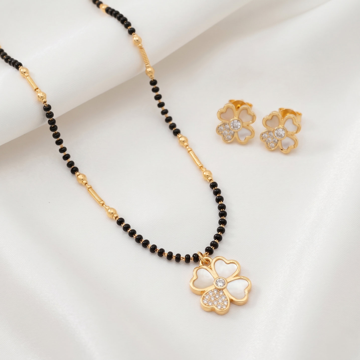 Gold Plated AD Floral Mangalsutra and Earring Set for women