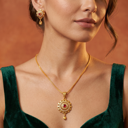 Micro Gold-Plated Ruby and White Stone Pendant Set With Matching Earrings