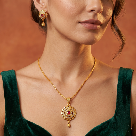 Micro Gold-Plated Ruby and White Stone Pendant Set With Matching Earrings