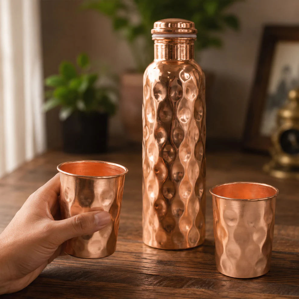 Diamond Cut Copper Water Bottle with 2 Glasses Gift Set | Pure Copper | Vaidik Choice