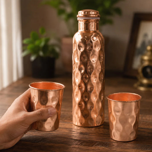 Diamond Cut Copper Water Bottle & 2 Glasses Gift Se