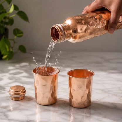 Diamond Cut Copper Water Bottle with 2 Glasses Gift Set | Pure Copper | Vaidik Choice