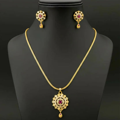 Micro Gold-Plated Ruby and White Stone Pendant Set With Matching Earrings