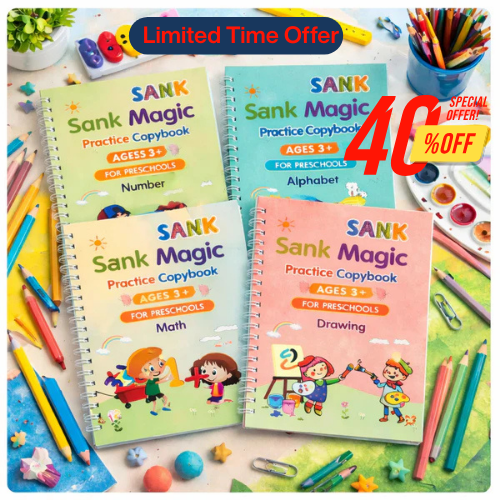 Sank Magic Practice Copybook – Reusable Handwriting Learning Set for Kids (4 Books + Magic Pen + 10 Refills)