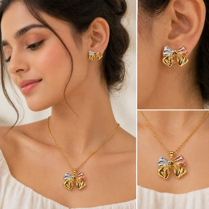 Women Anti Tarnish Gold Plated Bow Necklace Set with Earrings | Premium Waterproof Korean Jewellery