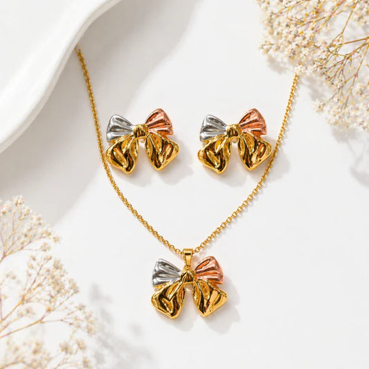 Women Anti Tarnish Gold Plated Bow Necklace Set with Earrings | Premium Waterproof Korean Jewellery