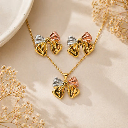 Women Anti Tarnish Gold Plated Bow Necklace Set with Earrings | Premium Waterproof Korean Jewellery