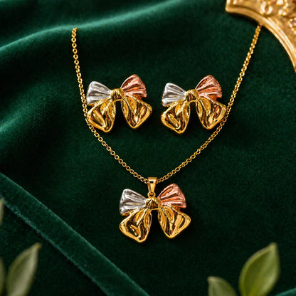 Women Anti Tarnish Gold Plated Bow Necklace Set with Earrings | Premium Waterproof Korean Jewellery