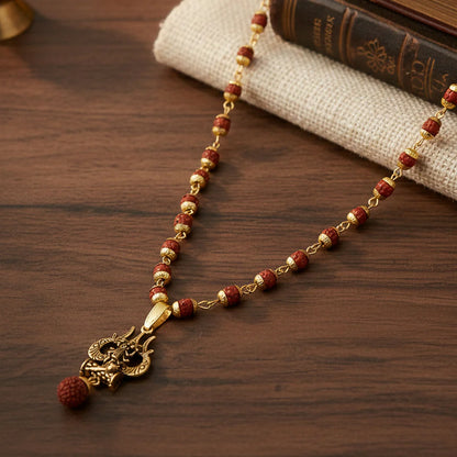 Rudraksha Hanuman Trishul Pendant Gold Beaded Necklace | Vaidik Choice