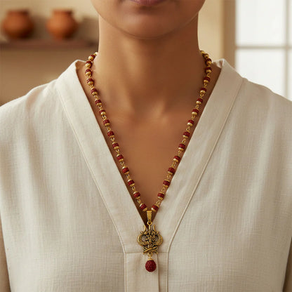 Rudraksha Hanuman Trishul Pendant Gold Beaded Necklace | Vaidik Choice
