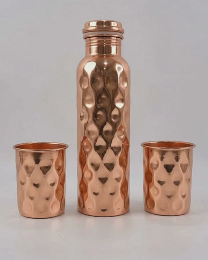 Diamond Cut Copper Water Bottle with 2 Glasses Gift Set | Pure Copper | Vaidik Choice