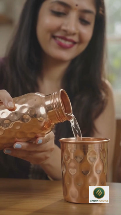Diamond Cut Copper Water Bottle with 2 Glasses Gift Set | Pure Copper | Vaidik Choice