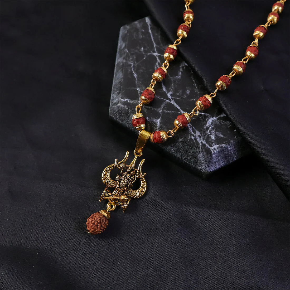 Rudraksha Hanuman Trishul Pendant Gold Beaded Necklace | Vaidik Choice